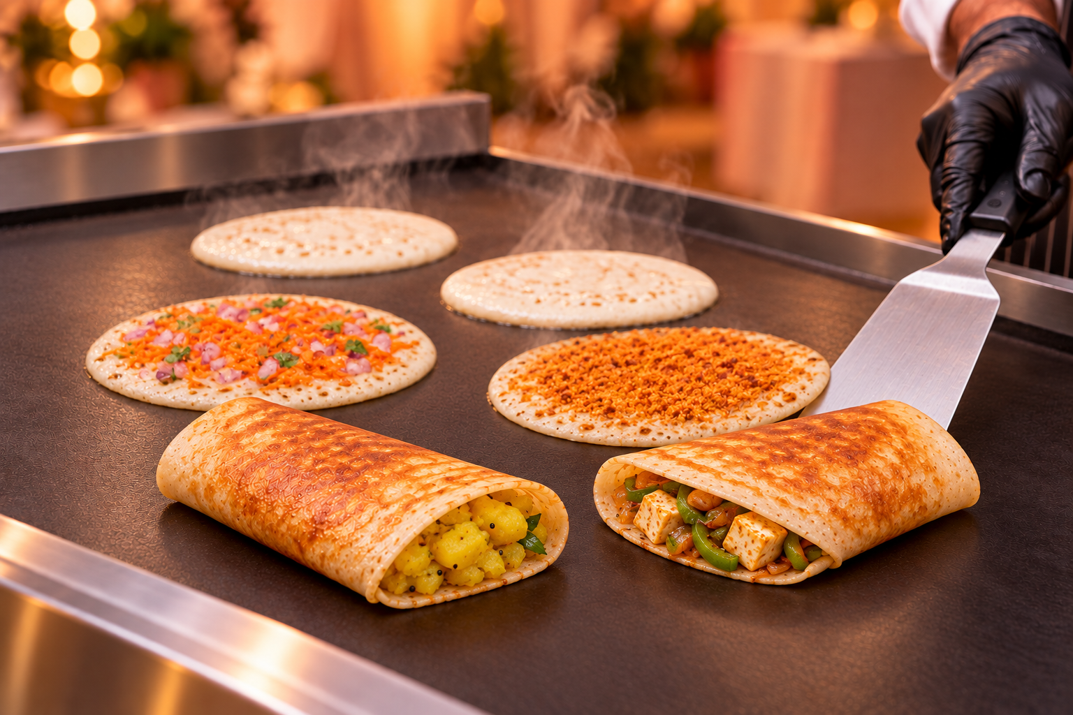 A clean live griddle cooking small dosas with different fillings and toppings