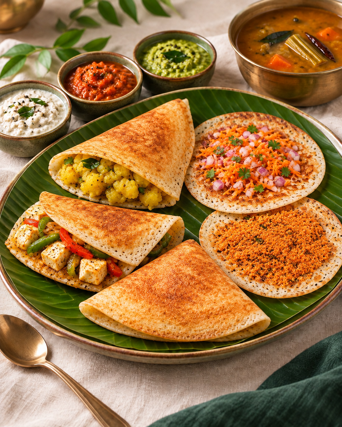 Small golden dosas with potato masala, onion and carrot, paneer and capsicum, and podi, served with chutneys and sambar